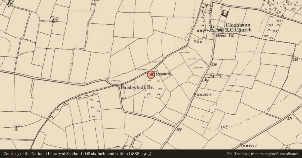 Ordnance Survey six-inch map, 2nd edition (1888–1915) covering the location of Ritual site - holy well, Clonroche, County Wexford, with a pin at the register's coordinates