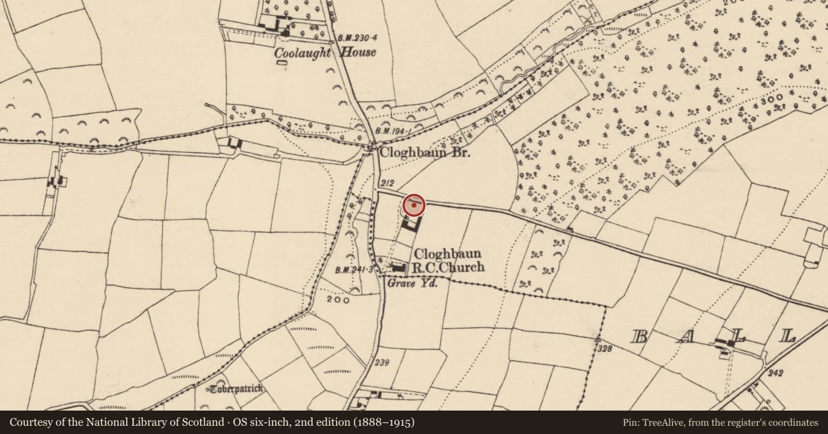 Ordnance Survey six-inch map, 2nd edition (1888–1915) covering the location of Church, Ballymackesy, County Wexford, with a pin at the register's coordinates