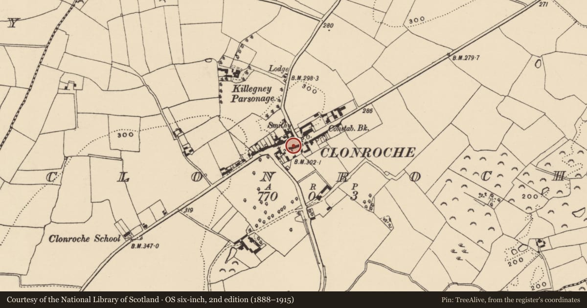 Ordnance Survey six-inch map, 2nd edition (1888–1915) covering the location of Well, Clonroche, County Wexford, with a pin at the register's coordinates