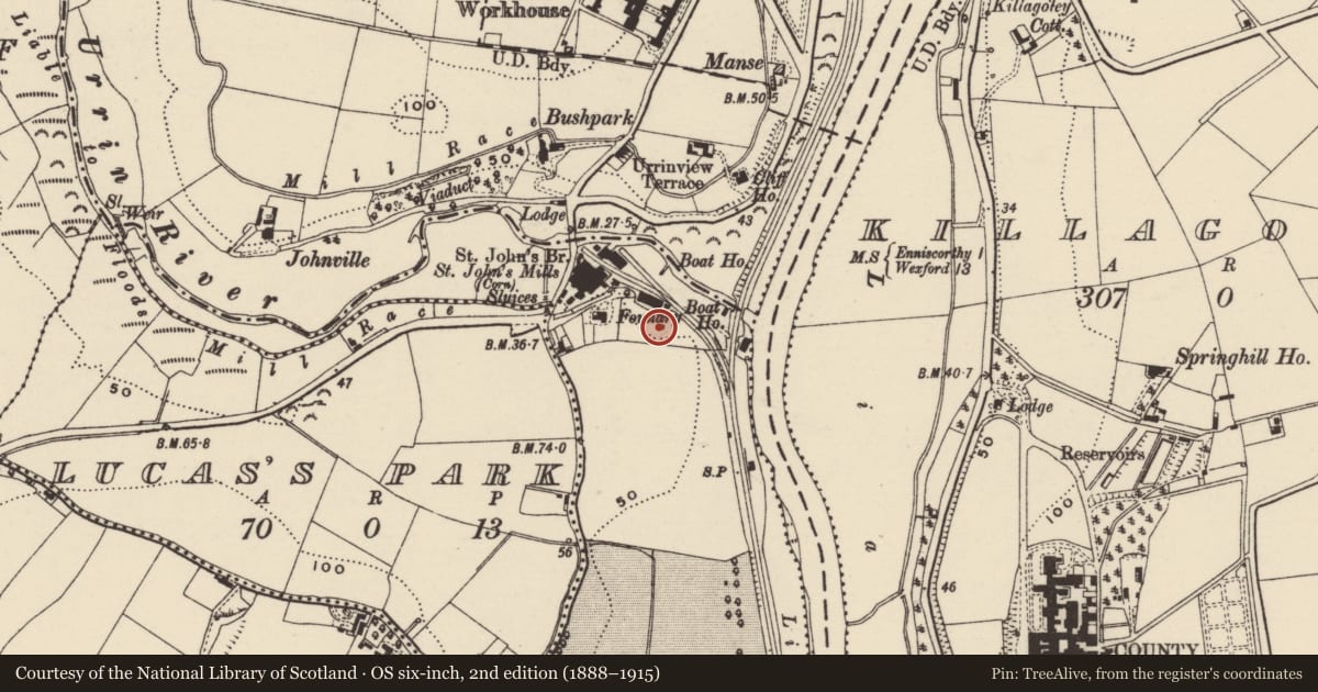 Ordnance Survey six-inch map, 2nd edition (1888–1915) covering the location of Ritual site - holy well, St. John'S, County Wexford, with a pin at the register's coordinates