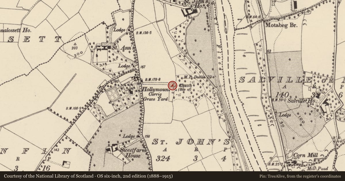 Ordnance Survey six-inch map, 2nd edition (1888–1915) covering the location of Church, St. John'S, County Wexford, with a pin at the register's coordinates