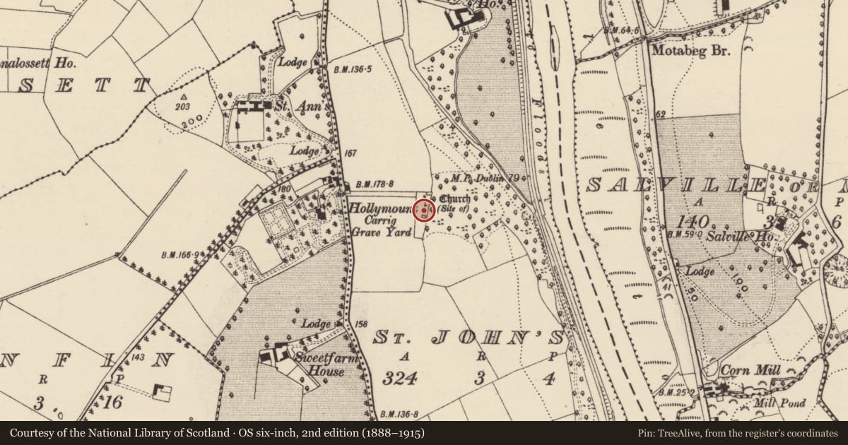 Ordnance Survey six-inch map, 2nd edition (1888–1915) covering the location of Graveyard, St. John'S, County Wexford, with a pin at the register's coordinates
