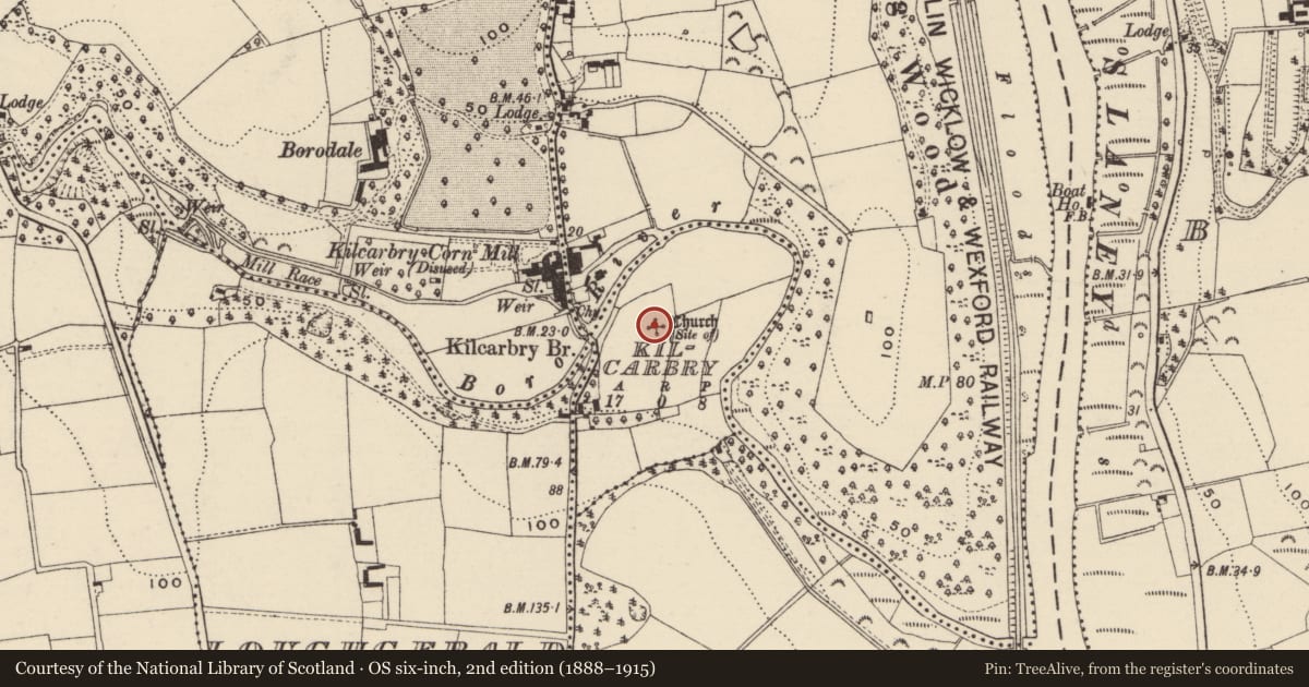 Ordnance Survey six-inch map, 2nd edition (1888–1915) covering the location of Church, Kilcarbry, County Wexford, with a pin at the register's coordinates