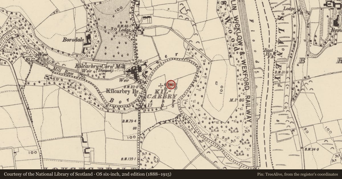 Ordnance Survey six-inch map, 2nd edition (1888–1915) covering the location of Ritual site - holy well, Kilcarbry, County Wexford, with a pin at the register's coordinates