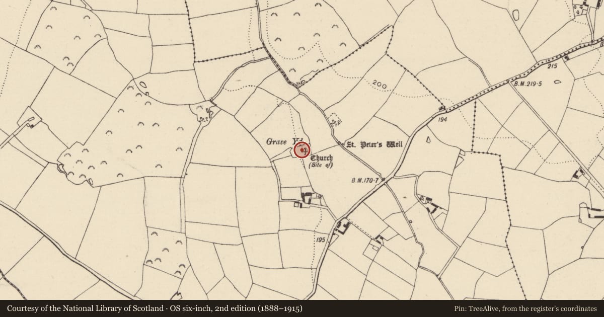 Ordnance Survey six-inch map, 2nd edition (1888–1915) covering the location of Bullaun stone, Ballynastraw, County Wexford, with a pin at the register's coordinates