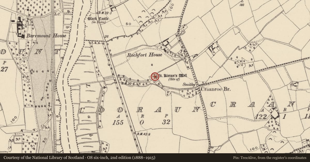Ordnance Survey six-inch map, 2nd edition (1888–1915) covering the location of Ritual site - holy well, Cooraun, County Wexford, with a pin at the register's coordinates
