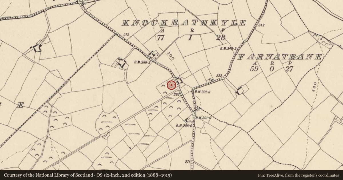 Ordnance Survey six-inch map, 2nd edition (1888–1915) covering the location of Moated site, Monroe, County Wexford, with a pin at the register's coordinates