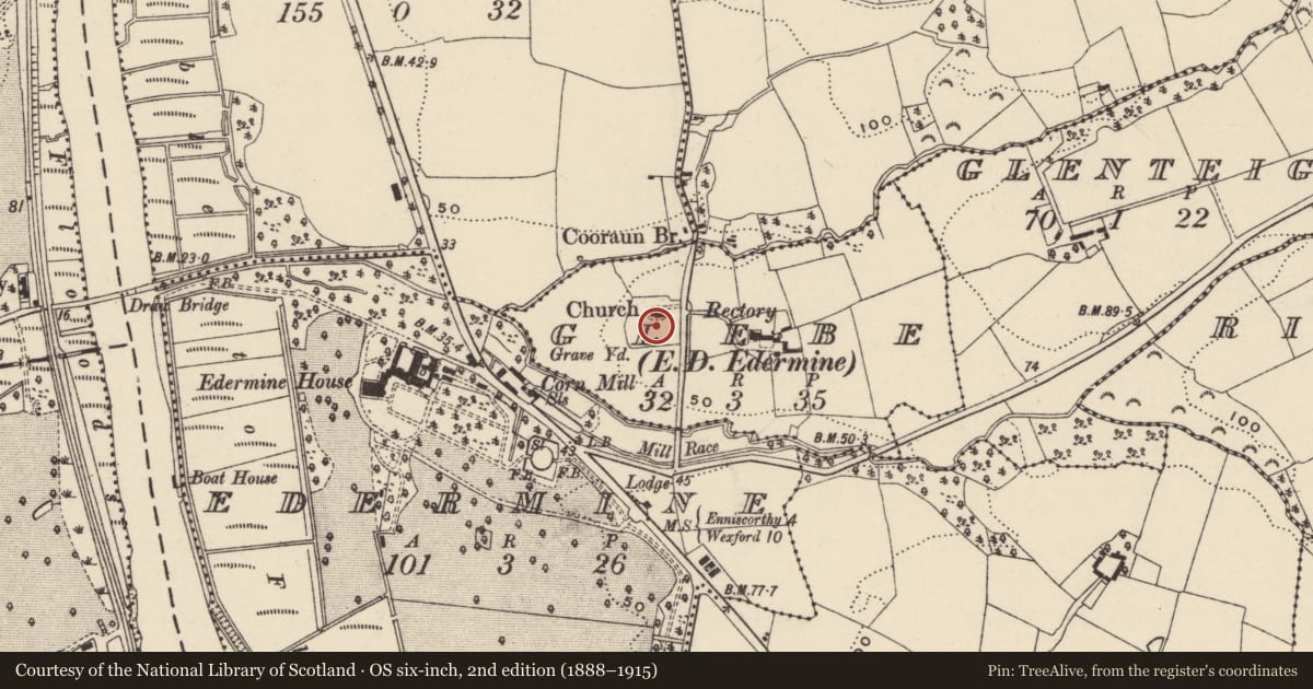 Ordnance Survey six-inch map, 2nd edition (1888–1915) covering the location of Graveyard, Glebe, County Wexford, with a pin at the register's coordinates