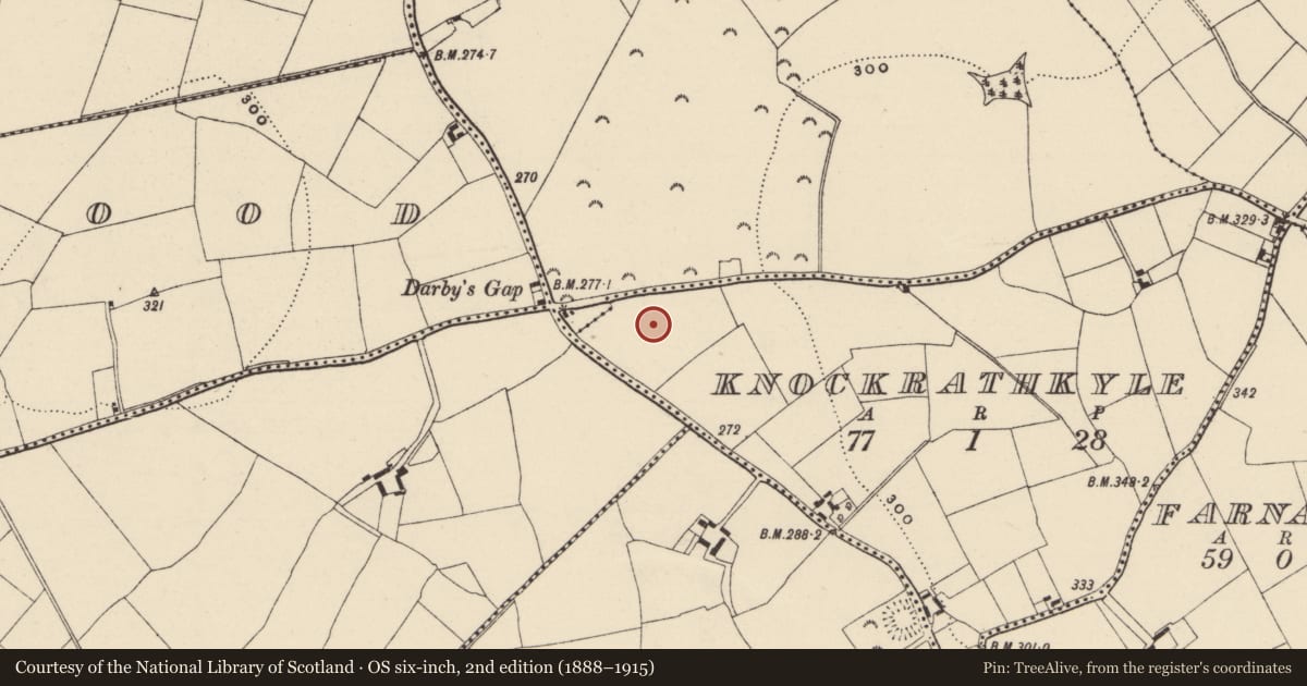 Ordnance Survey six-inch map, 2nd edition (1888–1915) covering the location of Ring-ditch, Knockrathkyle, County Wexford, with a pin at the register's coordinates