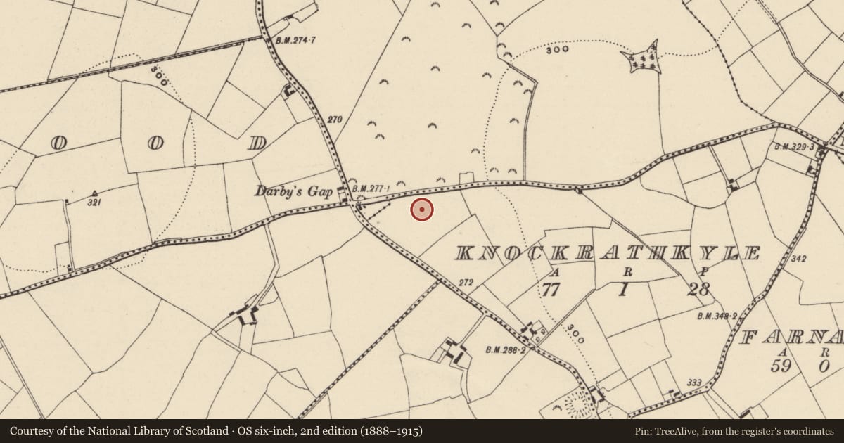 Ordnance Survey six-inch map, 2nd edition (1888–1915) covering the location of Flat cemetery, Knockrathkyle, County Wexford, with a pin at the register's coordinates
