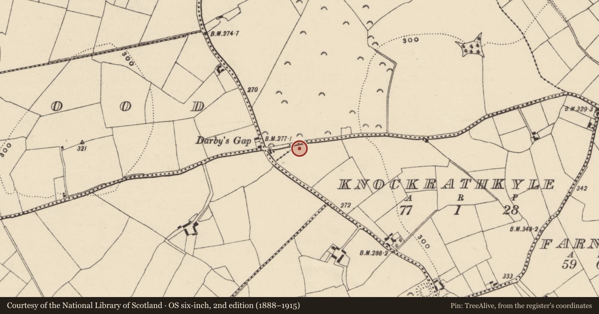 Ordnance Survey six-inch map, 2nd edition (1888–1915) covering the location of Ring-ditch, Knockrathkyle, County Wexford, with a pin at the register's coordinates