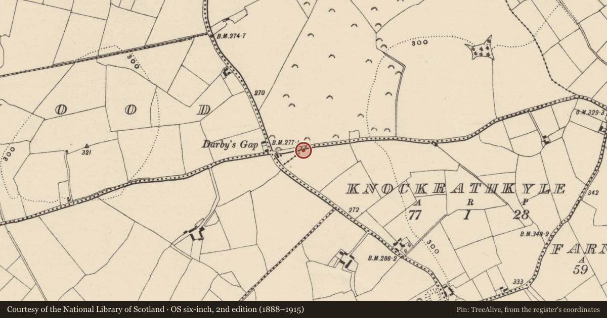 Ordnance Survey six-inch map, 2nd edition (1888–1915) covering the location of Ring-ditch, Knockrathkyle, County Wexford, with a pin at the register's coordinates
