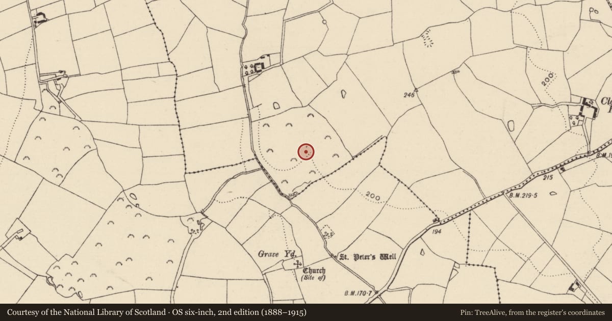 Ordnance Survey six-inch map, 2nd edition (1888–1915) covering the location of Enclosure, Clonmore Upper, County Wexford, with a pin at the register's coordinates