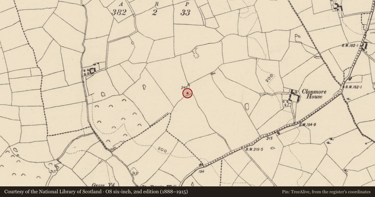 Ordnance Survey six-inch map, 2nd edition (1888–1915) covering the location of Enclosure, Clonmore Upper, County Wexford, with a pin at the register's coordinates
