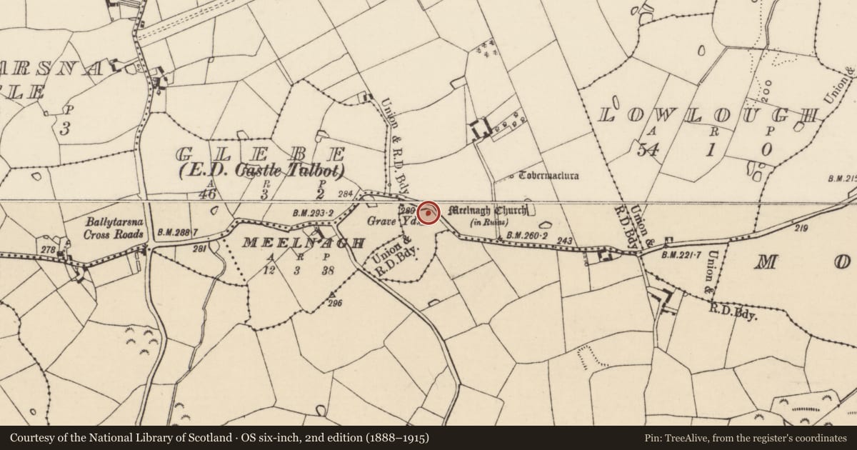Ordnance Survey six-inch map, 2nd edition (1888–1915) covering the location of Church, Killagowan, County Wexford, with a pin at the register's coordinates