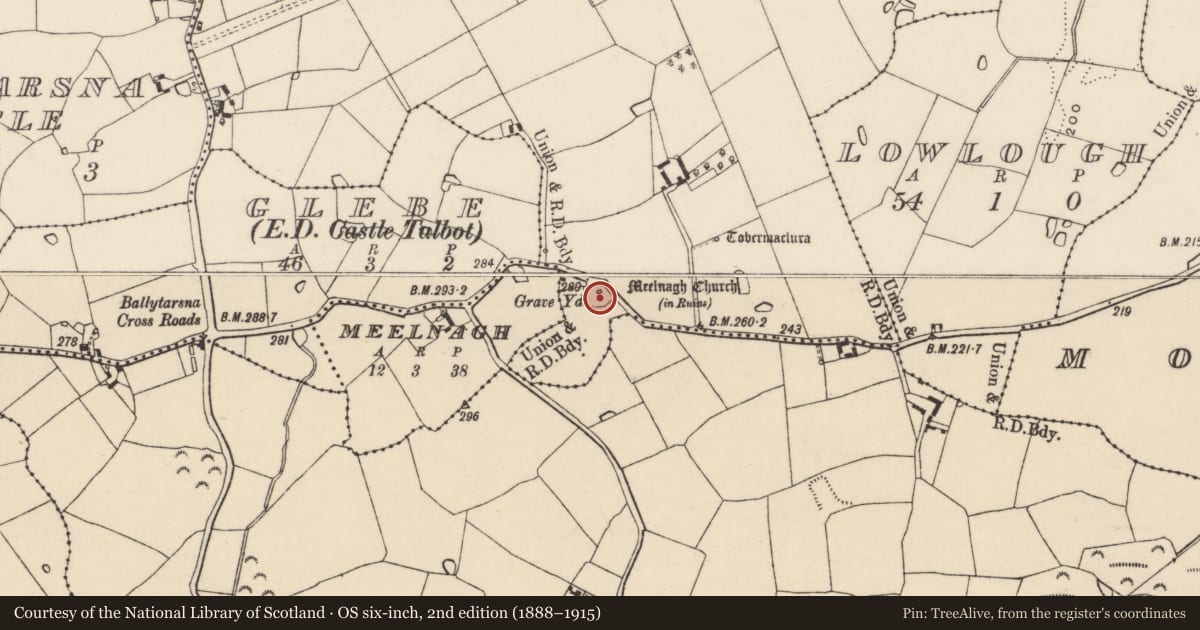 Ordnance Survey six-inch map, 2nd edition (1888–1915) covering the location of Graveyard, Killagowan, County Wexford, with a pin at the register's coordinates