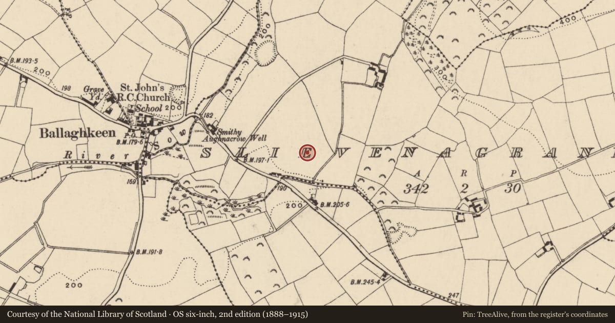 Ordnance Survey six-inch map, 2nd edition (1888–1915) covering the location of Ring-ditch, Slievenagrane, County Wexford, with a pin at the register's coordinates