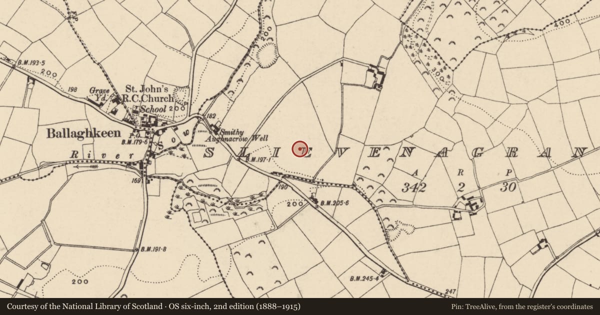 Ordnance Survey six-inch map, 2nd edition (1888–1915) covering the location of Ring-ditch, Slievenagrane, County Wexford, with a pin at the register's coordinates