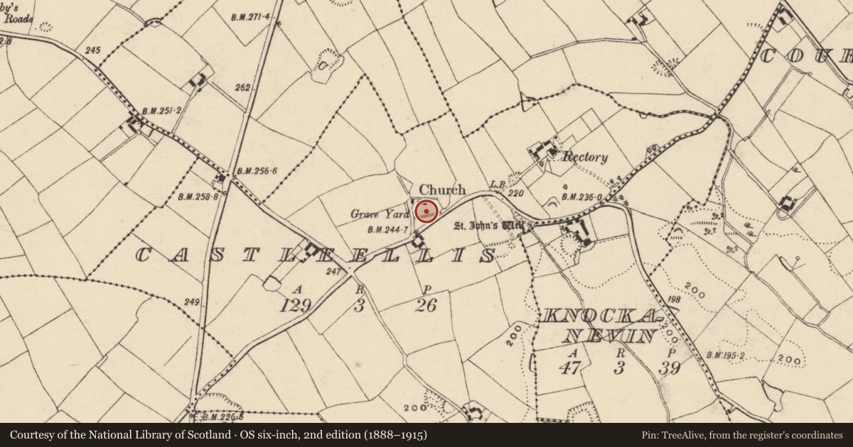 Ordnance Survey six-inch map, 2nd edition (1888–1915) covering the location of Graveyard, Castle Ellis, County Wexford, with a pin at the register's coordinates