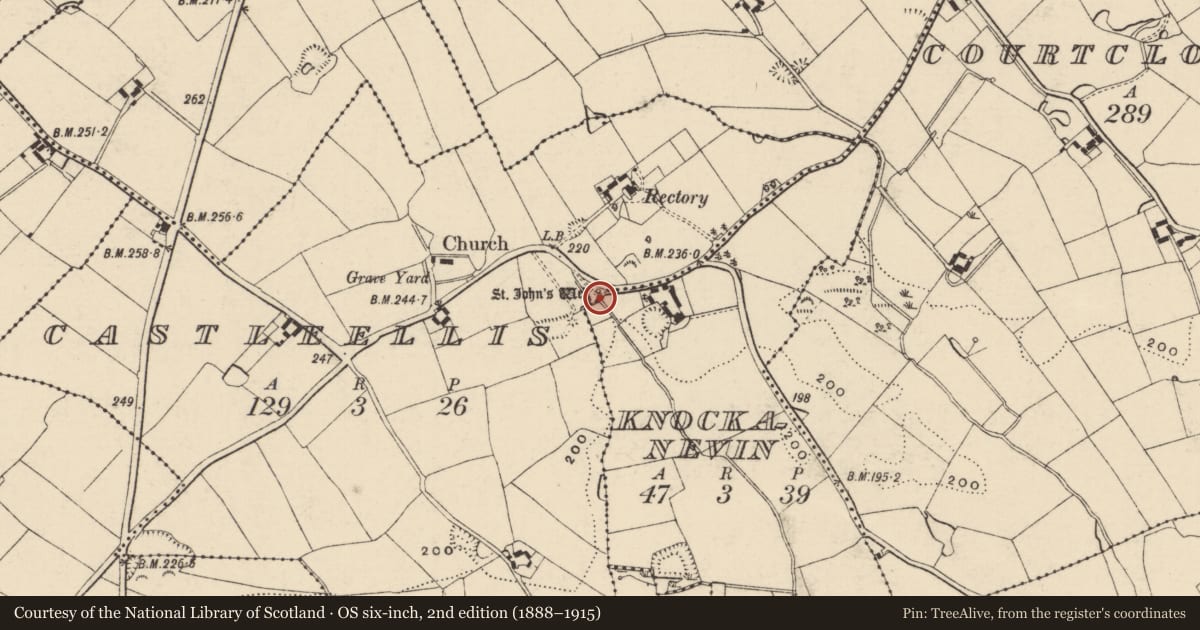 Ordnance Survey six-inch map, 2nd edition (1888–1915) covering the location of Ritual site - holy well, Castle Ellis, County Wexford, with a pin at the register's coordinates