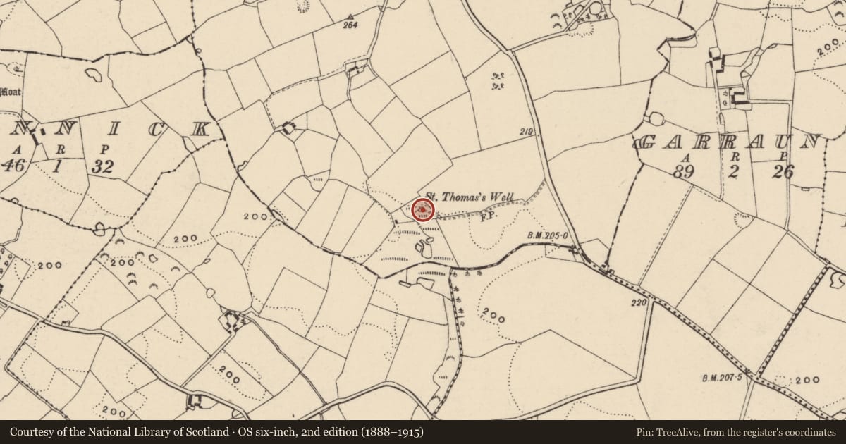Ordnance Survey six-inch map, 2nd edition (1888–1915) covering the location of Ritual site - holy well, Garraun, County Wexford, with a pin at the register's coordinates