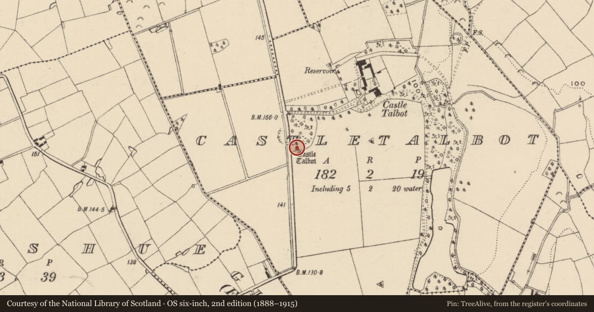 Ordnance Survey six-inch map, 2nd edition (1888–1915) covering the location of Structure, Castletalbot, County Wexford, with a pin at the register's coordinates