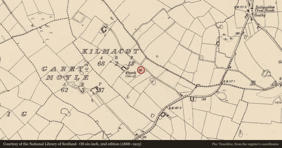 Ordnance Survey six-inch map, 2nd edition (1888–1915) covering the location of Church, Kilmacot, County Wexford, with a pin at the register's coordinates