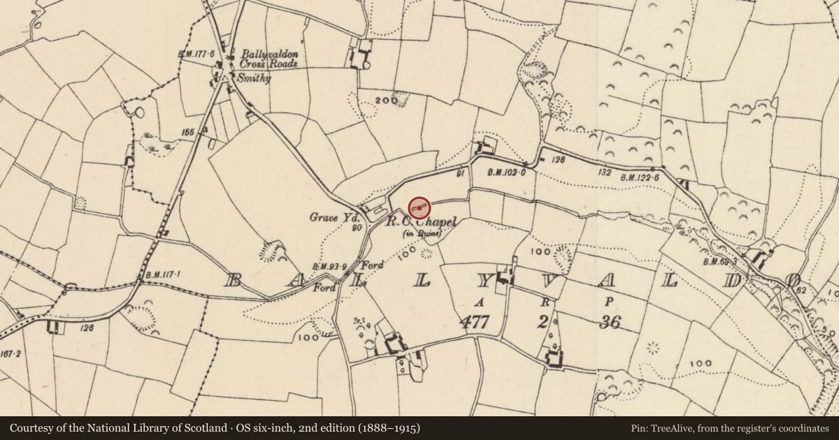 Ordnance Survey six-inch map, 2nd edition (1888–1915) covering the location of Mound, Ballyvaldon, County Wexford, with a pin at the register's coordinates
