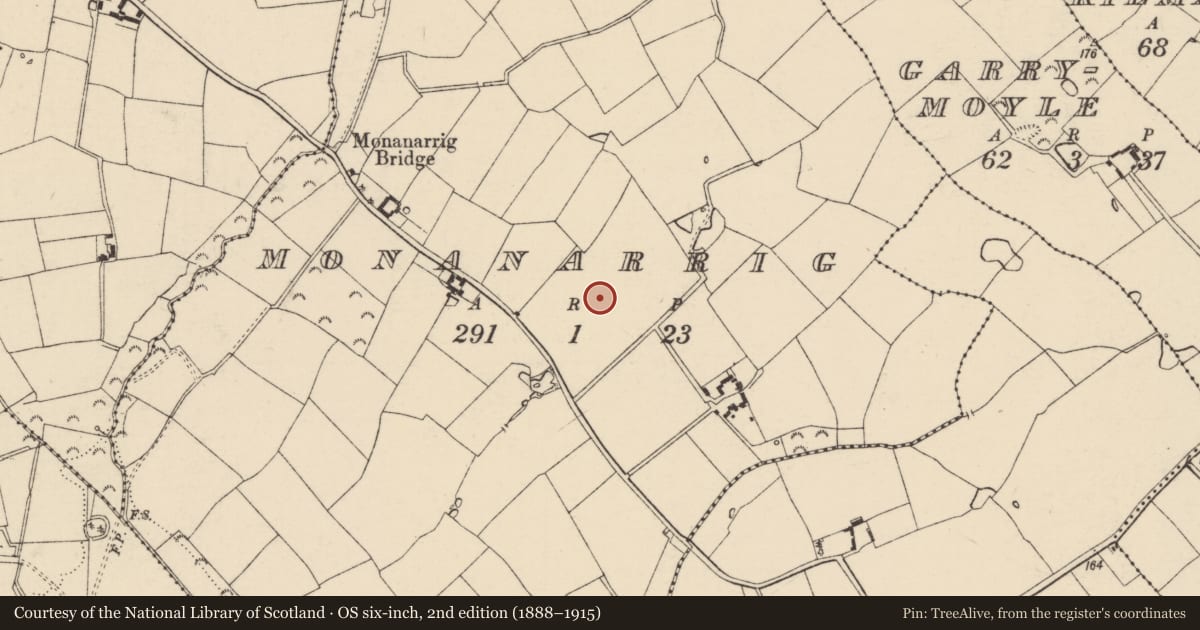 Ordnance Survey six-inch map, 2nd edition (1888–1915) covering the location of Ring-ditch, Monanarrig, County Wexford, with a pin at the register's coordinates