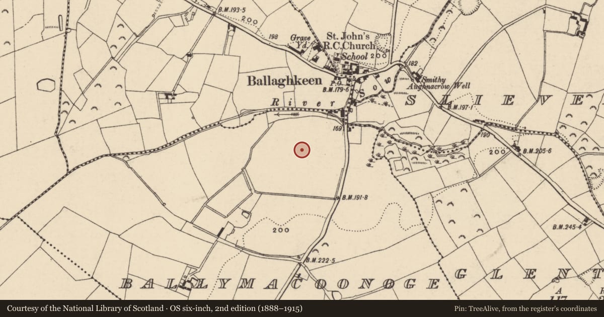 Ordnance Survey six-inch map, 2nd edition (1888–1915) covering the location of Ring-ditch, Ballymacoonoge, County Wexford, with a pin at the register's coordinates