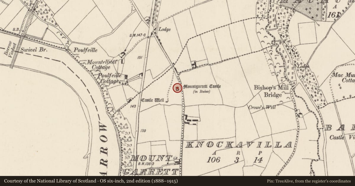 Ordnance Survey six-inch map, 2nd edition (1888–1915) covering the location of Castle - tower house, Mountgarrett, County Wexford, with a pin at the register's coordinates