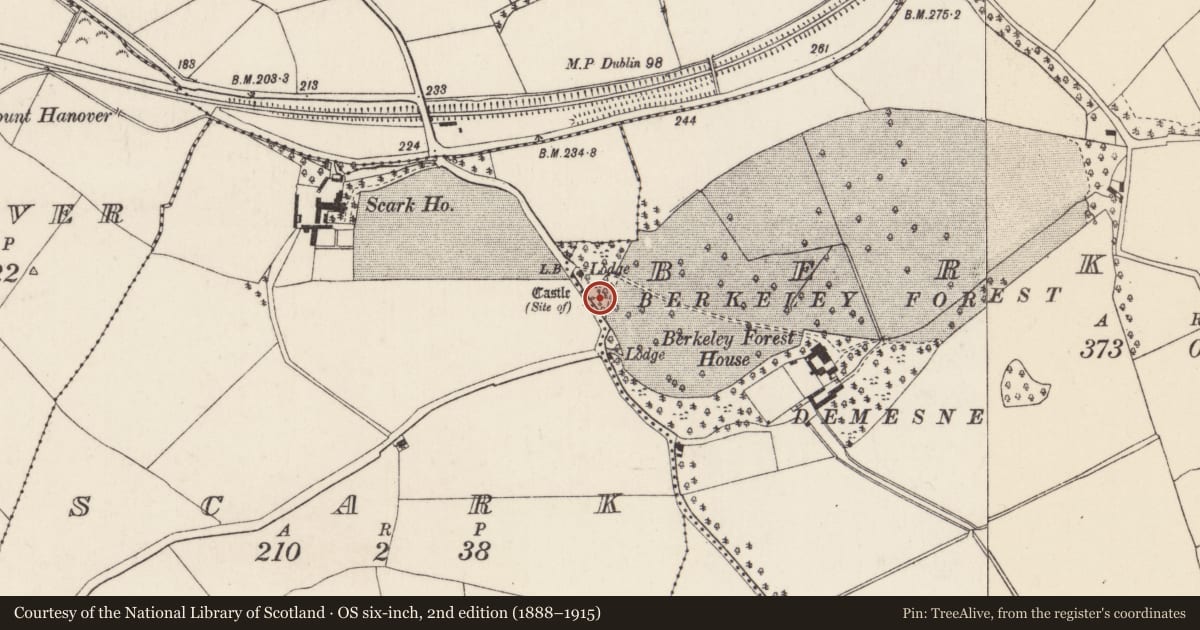 Ordnance Survey six-inch map, 2nd edition (1888–1915) covering the location of Castle - unclassified, Berkeley, County Wexford, with a pin at the register's coordinates