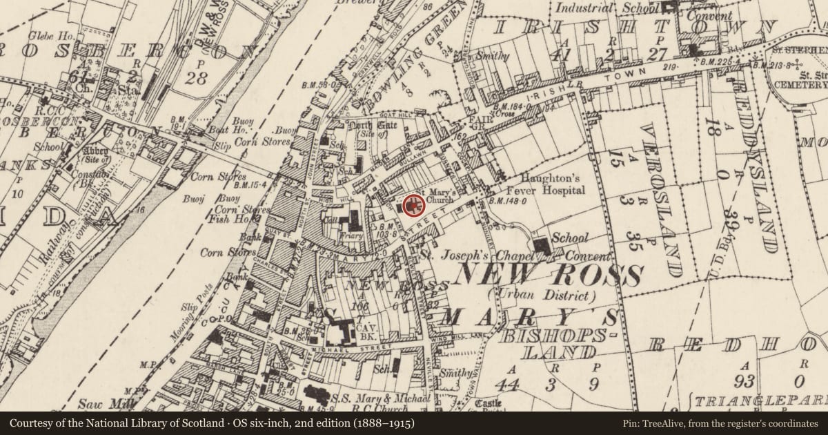 Ordnance Survey six-inch map, 2nd edition (1888–1915) covering the location of Church, New Ross, County Wexford, with a pin at the register's coordinates