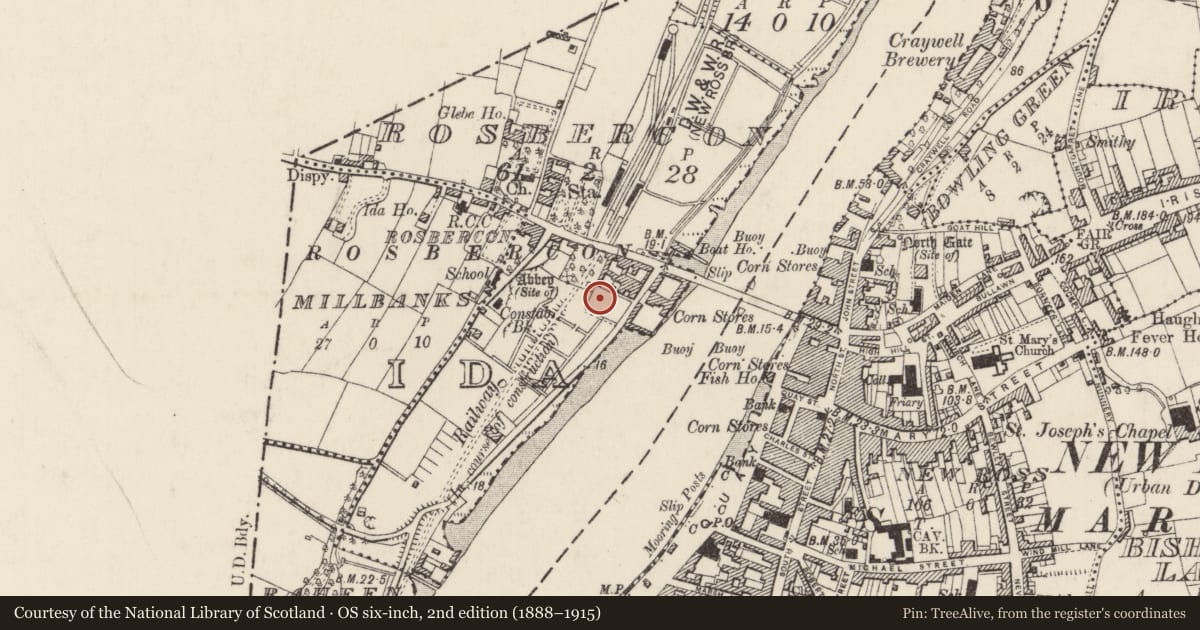Ordnance Survey six-inch map, 2nd edition (1888–1915) covering the location of Religious house - Dominican friars, Rosbercon, County Wexford, with a pin at the register's coordinates