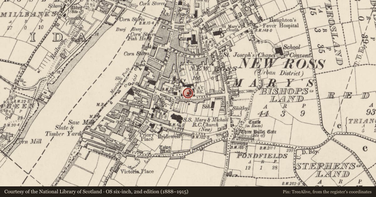 Ordnance Survey six-inch map, 2nd edition (1888–1915) covering the location of Church, New Ross, County Wexford, with a pin at the register's coordinates