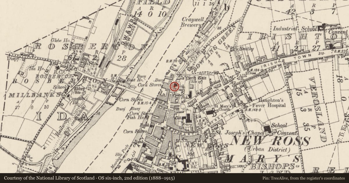 Ordnance Survey six-inch map, 2nd edition (1888–1915) covering the location of Church, New Ross, County Wexford, with a pin at the register's coordinates