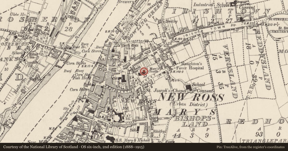 Ordnance Survey six-inch map, 2nd edition (1888–1915) covering the location of Tomb - chest tomb, New Ross, County Wexford, with a pin at the register's coordinates