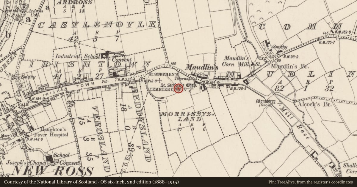 Ordnance Survey six-inch map, 2nd edition (1888–1915) covering the location of Ritual site - holy well, Morrissysland, County Wexford, with a pin at the register's coordinates