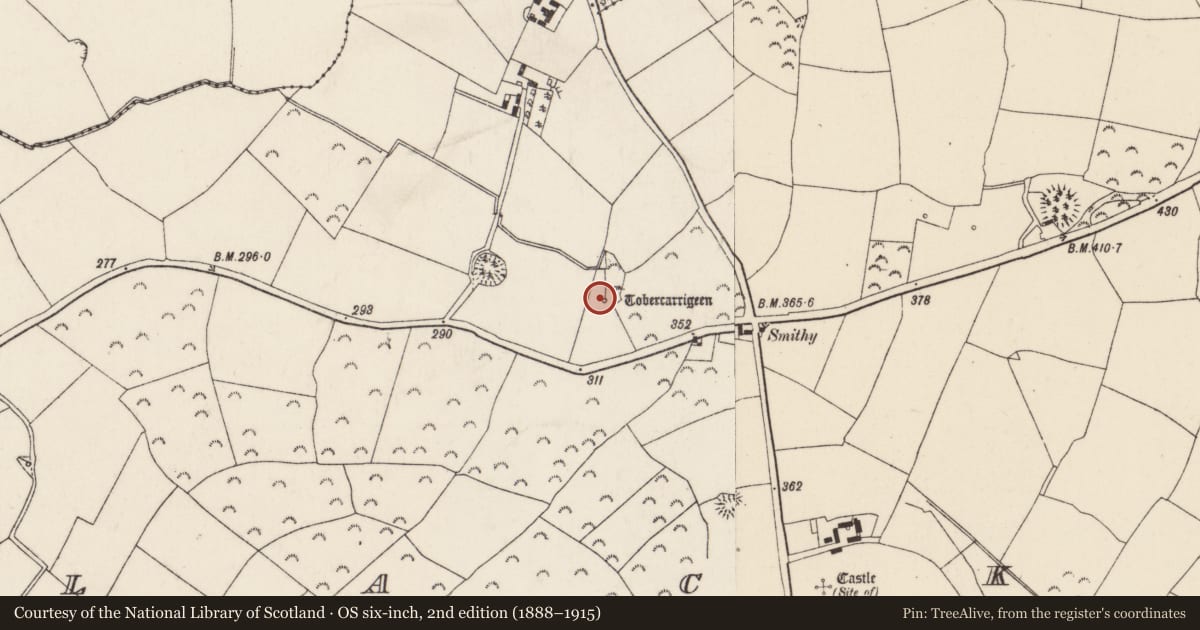 Ordnance Survey six-inch map, 2nd edition (1888–1915) covering the location of Ritual site - holy well, Lacken, County Wexford, with a pin at the register's coordinates