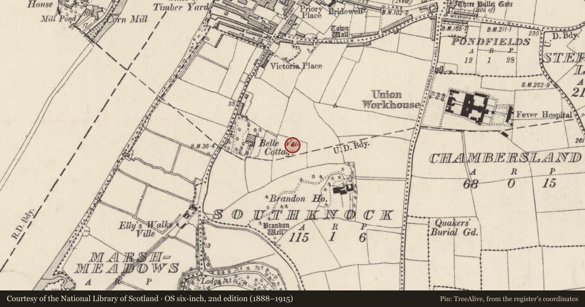 Ordnance Survey six-inch map, 2nd edition (1888–1915) covering the location of Excavation - miscellaneous, Southknock, County Wexford, with a pin at the register's coordinates
