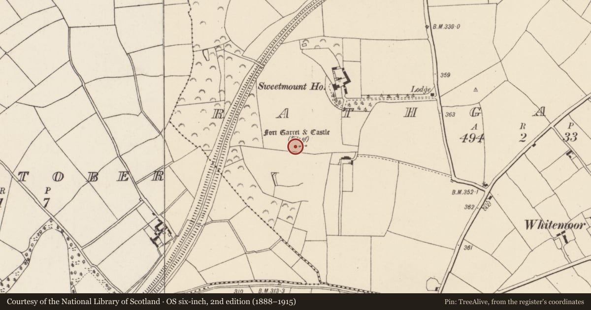 Ordnance Survey six-inch map, 2nd edition (1888–1915) covering the location of Castle - unclassified, Rathgaroge, County Wexford, with a pin at the register's coordinates