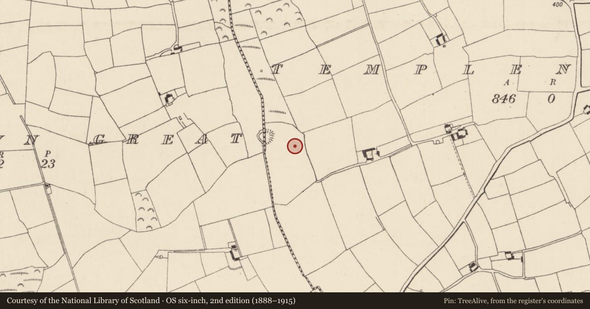 Ordnance Survey six-inch map, 2nd edition (1888–1915) covering the location of Enclosure, Templenacroha, County Wexford, with a pin at the register's coordinates