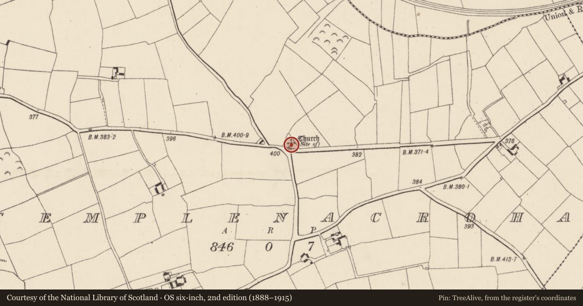 Ordnance Survey six-inch map, 2nd edition (1888–1915) covering the location of Ecclesiastical enclosure, Templenacroha, County Wexford, with a pin at the register's coordinates
