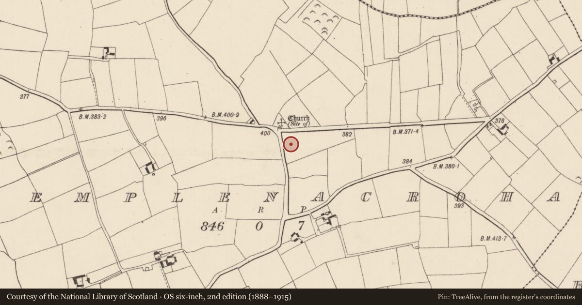Ordnance Survey six-inch map, 2nd edition (1888–1915) covering the location of Enclosure, Templenacroha, County Wexford, with a pin at the register's coordinates