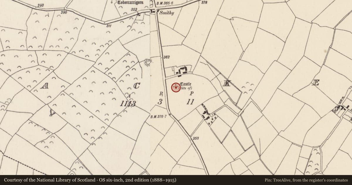 Ordnance Survey six-inch map, 2nd edition (1888–1915) covering the location of Castle - unclassified, Lacken, County Wexford, with a pin at the register's coordinates