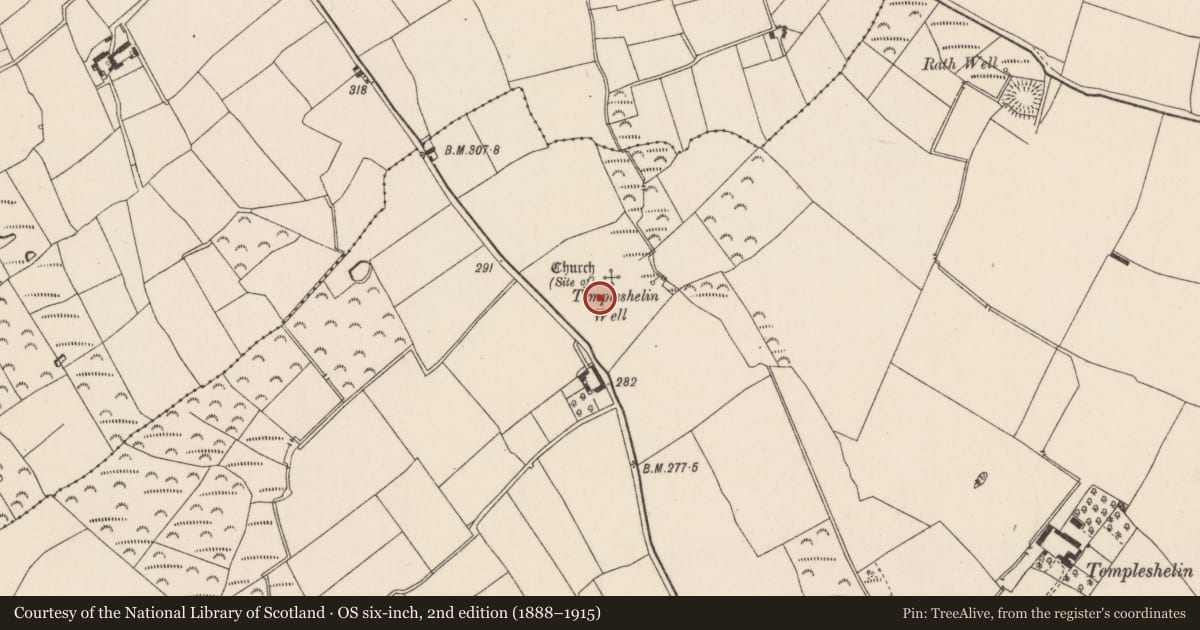 Ordnance Survey six-inch map, 2nd edition (1888–1915) covering the location of Church, Templeshelin, County Wexford, with a pin at the register's coordinates