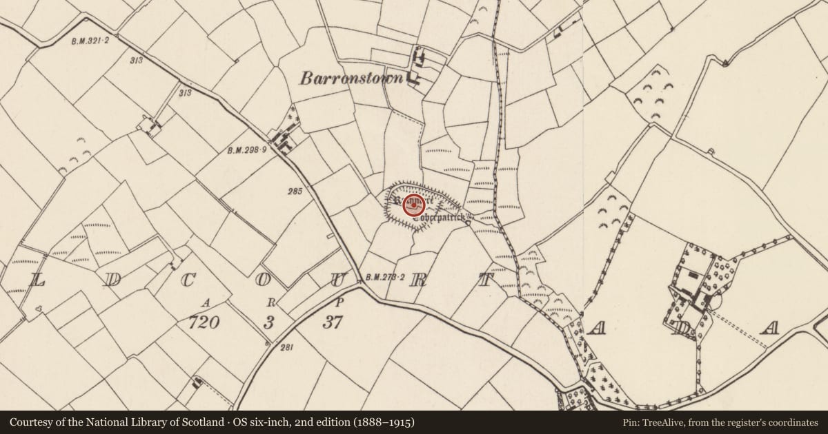 Ordnance Survey six-inch map, 2nd edition (1888–1915) covering the location of Enclosure, Oldcourt, County Wexford, with a pin at the register's coordinates