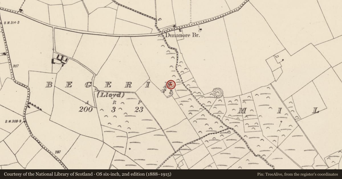 Ordnance Survey six-inch map, 2nd edition (1888–1915) covering the location of Fulacht fia, Begerin (Lloyd), County Wexford, with a pin at the register's coordinates