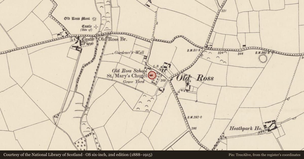 Ordnance Survey six-inch map, 2nd edition (1888–1915) covering the location of Church, Millquarter, County Wexford, with a pin at the register's coordinates