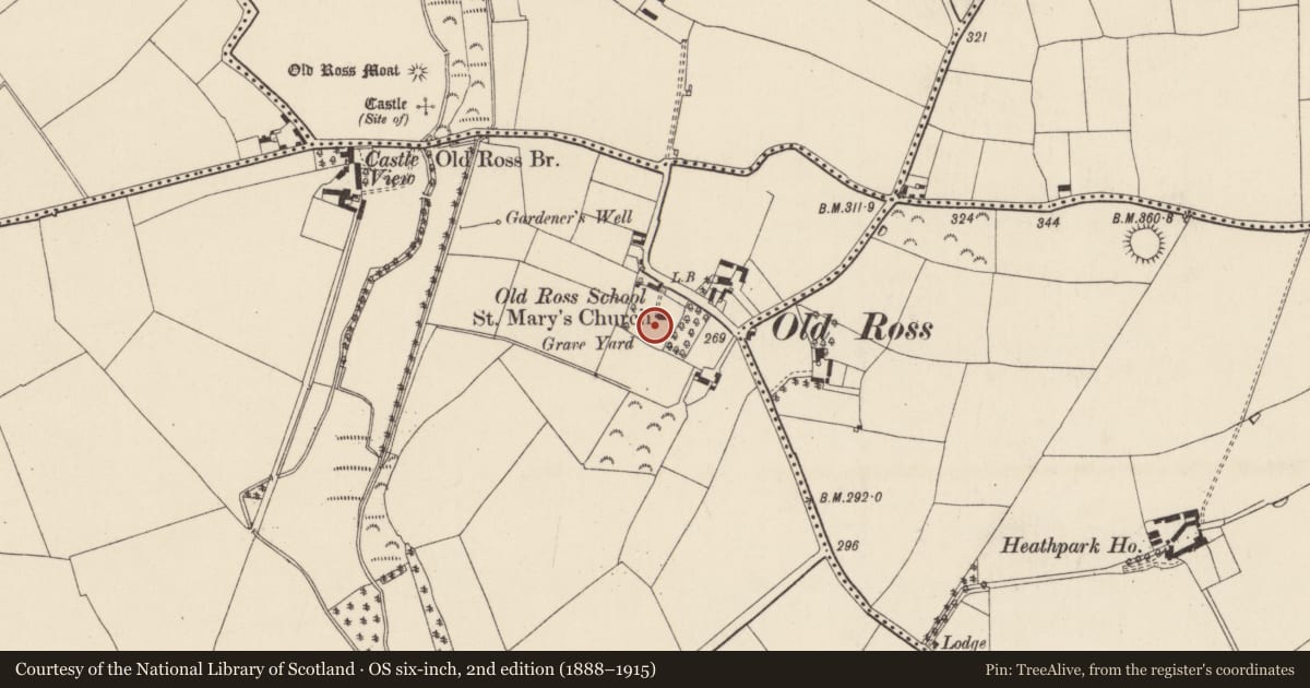 Ordnance Survey six-inch map, 2nd edition (1888–1915) covering the location of Graveyard, Millquarter, County Wexford, with a pin at the register's coordinates